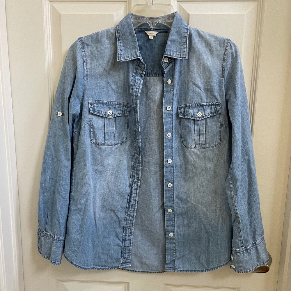 J Crew denim chambray cotton button down shirt size 00